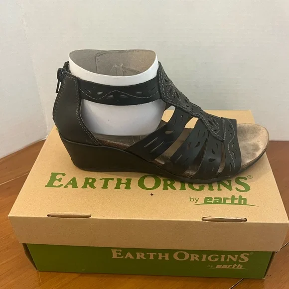 Earth Origins Black Leather Women's Wedge Ruby Comfort Sandals Size 8 M - Picture 3 of 8